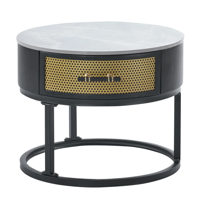 Set di Tavolini da Salotto Moderni, 2 Pezzi, con Piano in Marmo e Cassetti in Legno Massello, 70x70x45,5 cm + 50x50x40 cm, Nero + Grigio