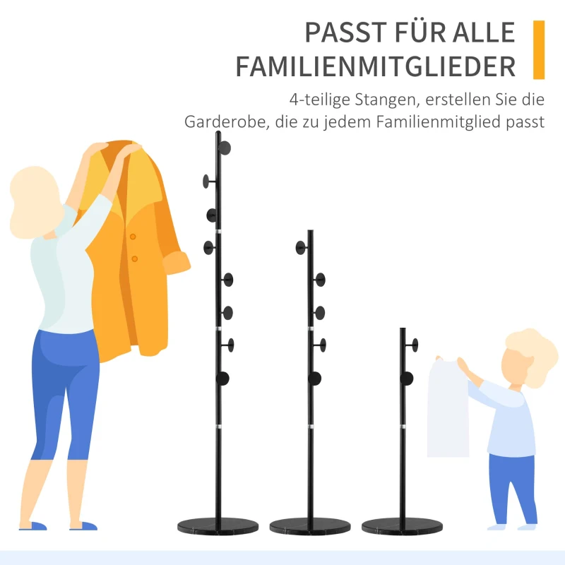 HOMCOM Wieszak z 4 drążkami i 8 haczykami, podstawa imitująca marmur, stalowa rama, 35x35x170cm, czarny