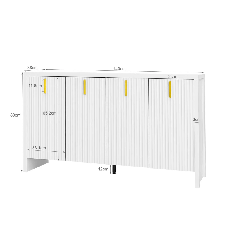 Credenza Moderna con 4 Ante e Ripiani Regolabili, Maniglie Dorate, per Soggiorno e Cucina, 140x38x80 cm, Bianco