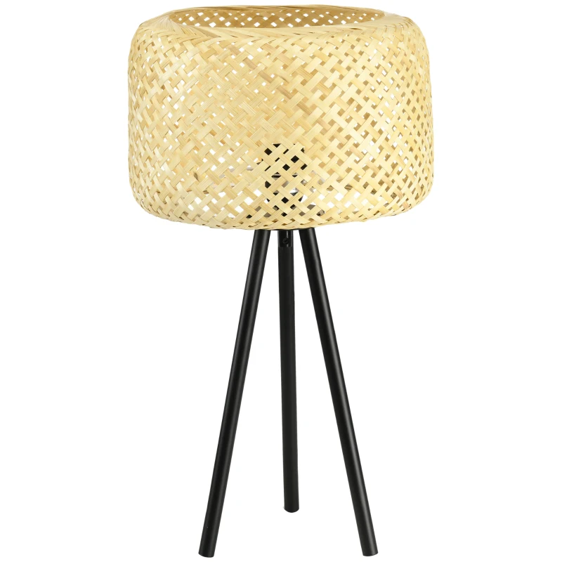 HOMCOM Tischleuchte im Boho-Stil, Lampenschirm aus Rattan, Stativ, 28 cm x 28 cm x 53 cm, Natur + Schwarz