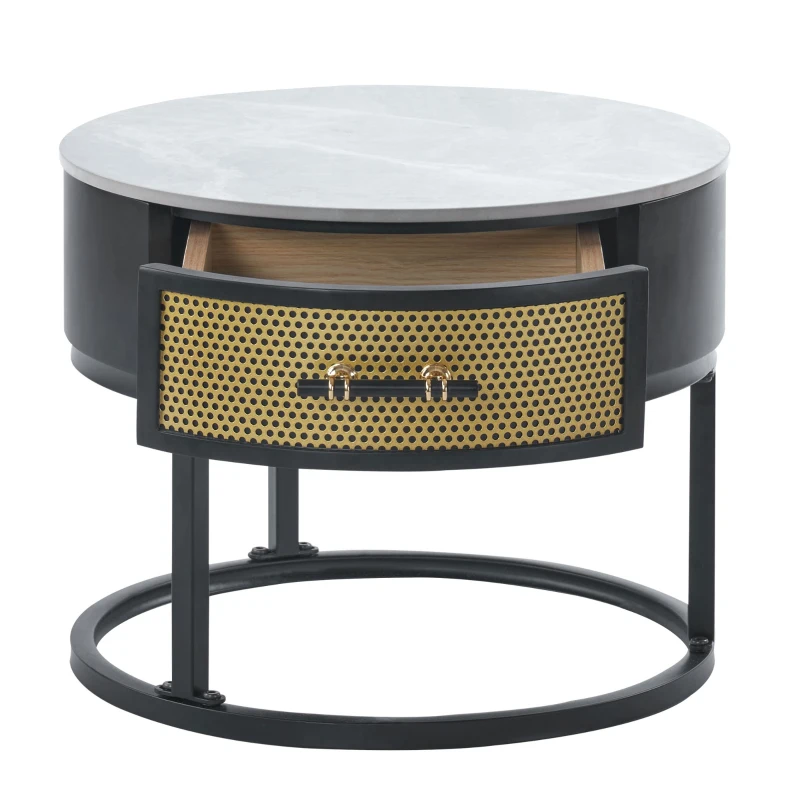 Set di Tavolini da Salotto Moderni, 2 Pezzi, con Piano in Marmo e Cassetti in Legno Massello, 70x70x45,5 cm + 50x50x40 cm, Nero + Grigio