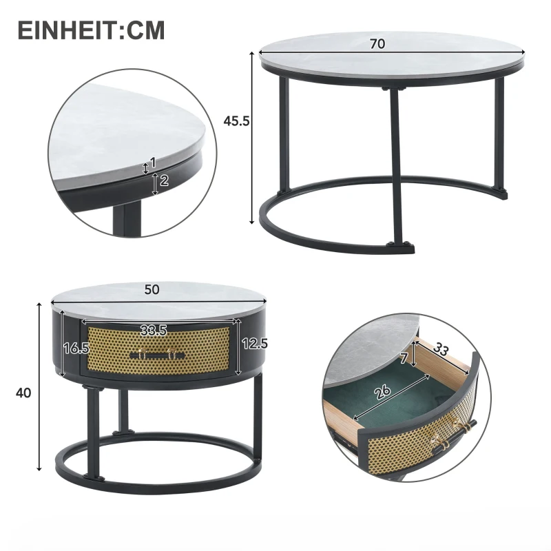 Set di Tavolini da Salotto Moderni, 2 Pezzi, con Piano in Marmo e Cassetti in Legno Massello, 70x70x45,5 cm + 50x50x40 cm, Nero + Grigio