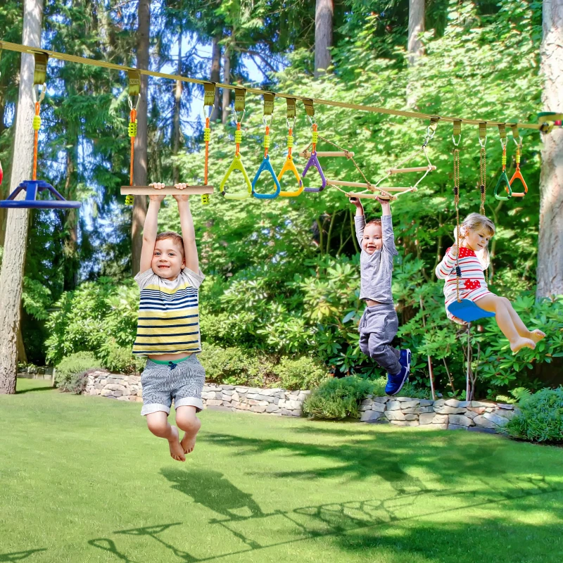 Outsunny Ninja Slackline Set 13 m hängende Hindernisse für 3-14 Jahre Kinder Schwingen Ninja Kinder Klettertraining Seil mit Ringe Holzleiter Schaukel Outdoor Polyester Holz mehrfarbig