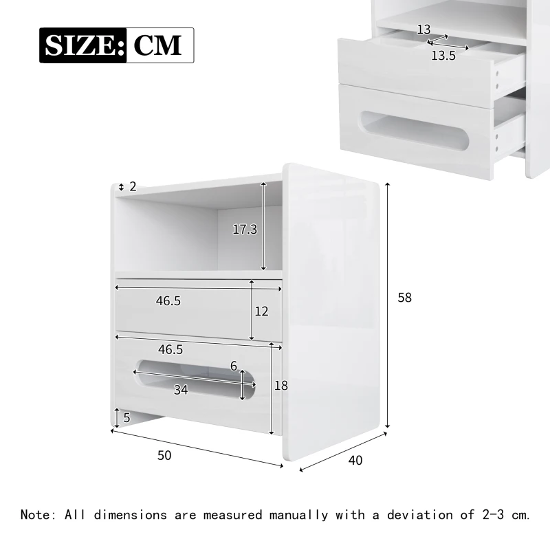 Comodino Moderno con Luci LED e 2 Cassetti, Tavolino da Notte per Camera da Letto, 50x40x58 cm, Bianco