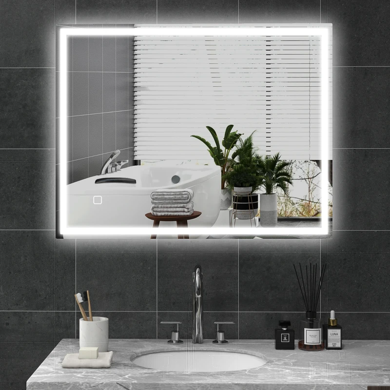 kleankin Bathroom Mirror with LED Lights, Illuminated Makeup Mirror with 3 Colours, Defogging Film and Memory Function, Hardwired, Horizontal or Vertical, 90 x 70 cm