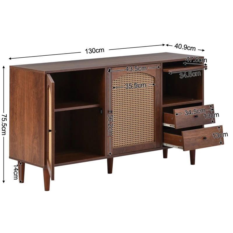 Credenza Moderna in Stile Naturale con Inserti in Rattan, Tre Porte e Due Cassetti Irregolari, 130x75,5x40 cm per Soggiorno o Cucina, Rattan