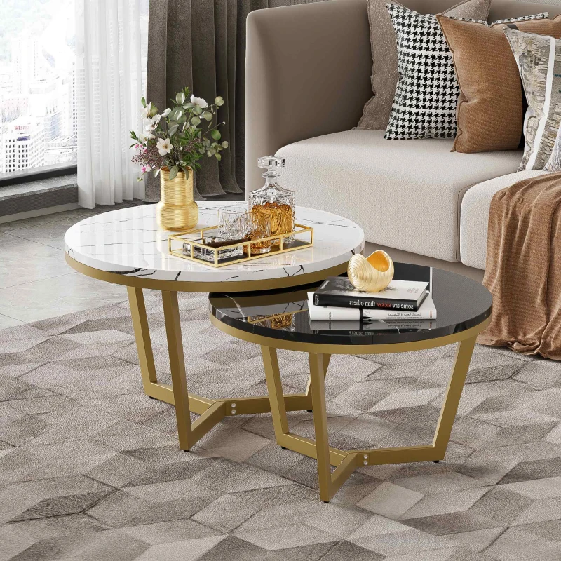 Set di Tavolini da Salotto Moderno Incastro in Stile Marmo con Struttura Metallica Dorata, Design Versatile, 70x70x45 cm + 50x50x40 cm, Bianco