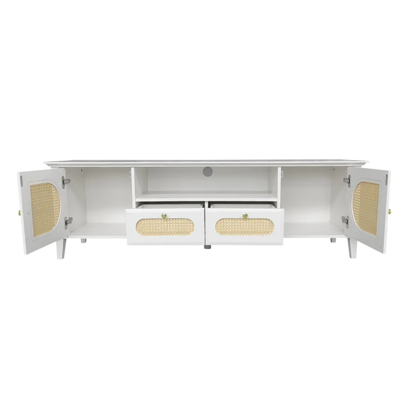 Mobiletto Porta TV in Rattan Curvato con Ante Dipinte e Scomparti Aperti, 160x38x50 cm, Bianco