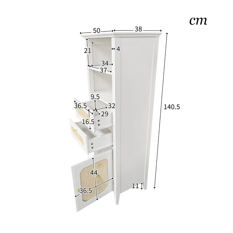 Credenza Moderna per Soggiorno con Rattan e Superficie Laccata, Funzionale e Elegante, 140,5x38x50 cm, Bianco