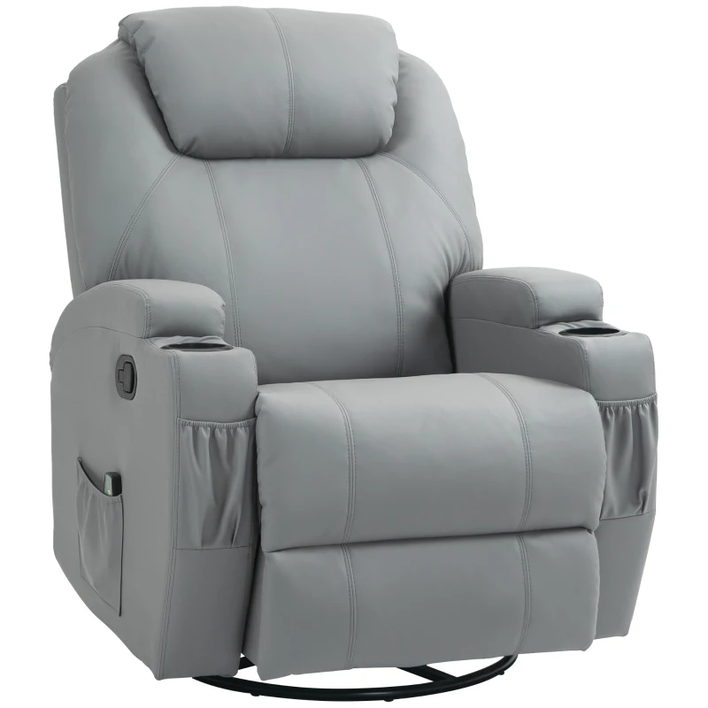 HOMCOM elektrisch Massagestoel, 8 vibratiepunten, bekerhouders, kunstleer, Lichtgrijs