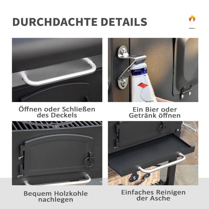 Outsunny Holzkohlegrill BBQ Gartengrill mit Deckel und Ablagen Metall Smoker BBQ Warmhalteplatte Regale Gartenparty Transportrollen Schwarz 124 x 66 x 112 cm