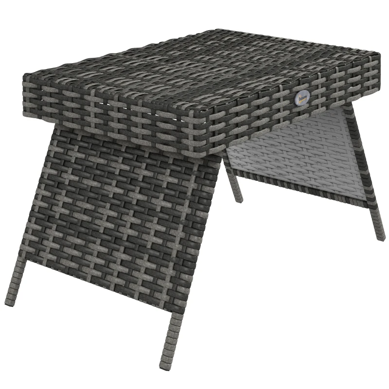 Outsunny Foldable Outdoor Coffee Table, Metal Frame Rattan Side Table, Coffee Table Side Table for Lawn, Garden, Mixed Grey