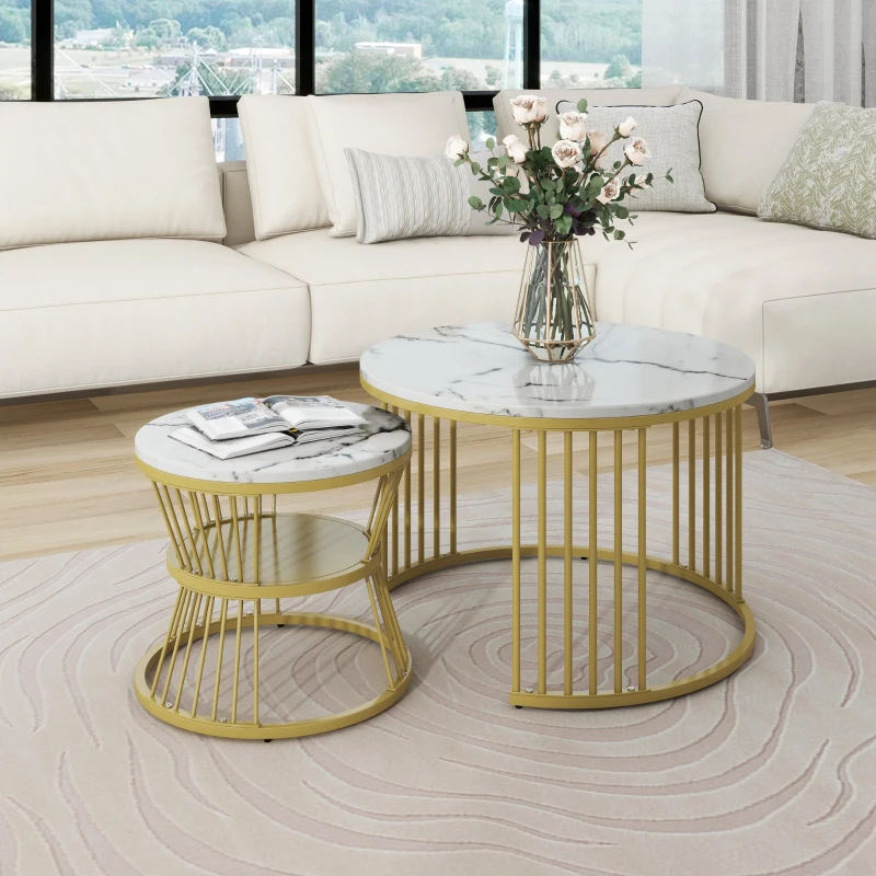 Set de 2 Măsuțe de Cafea Moderne, din MDF cu Finisaj Efect de Marmură și Structură Metalică Aurie, 70x70x47 cm și 45x45x40 cm, Alb