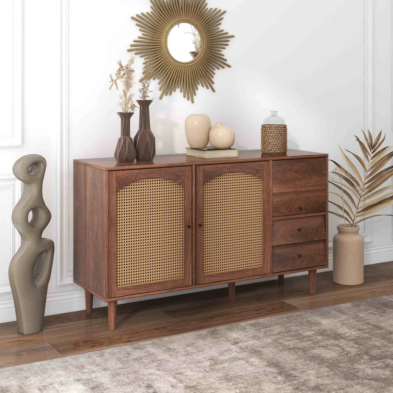 Credenza Moderna in Stile Naturale con Inserti in Rattan, Tre Porte e Due Cassetti Irregolari, 130x75,5x40 cm per Soggiorno o Cucina, Rattan