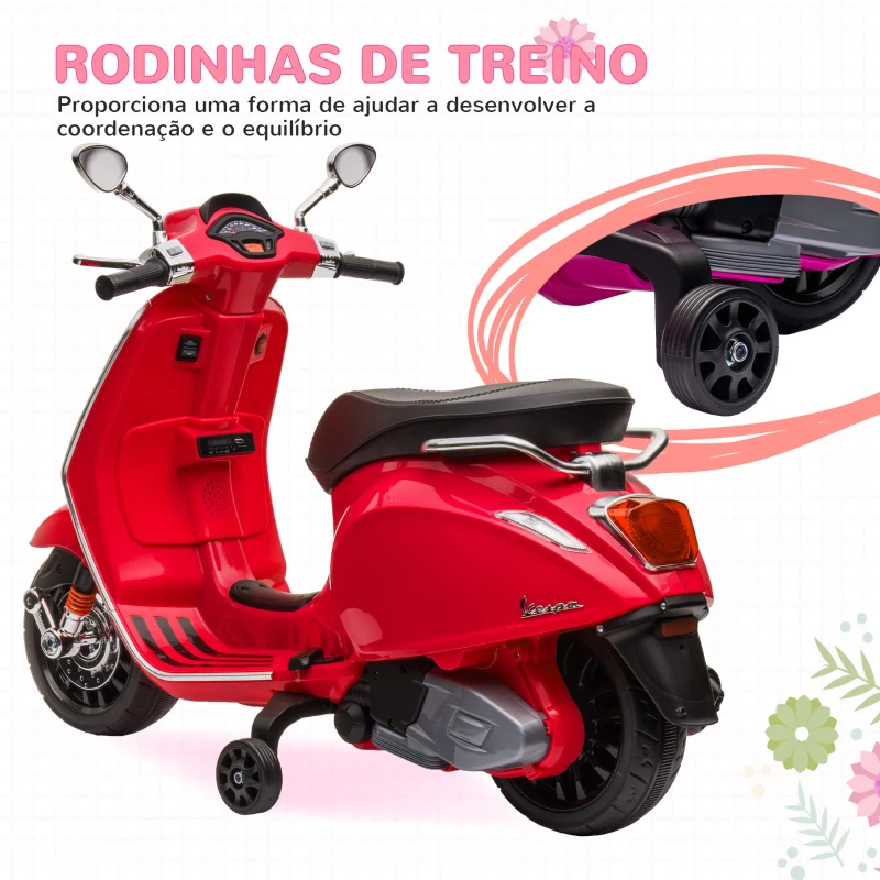 AIYAPLAY Moto Elétrica para Crianças de 3-6 Anos com Licença Vespa com USB MP3 Luz LED Rádio FM Velocidade 3 km/h Vermelho
