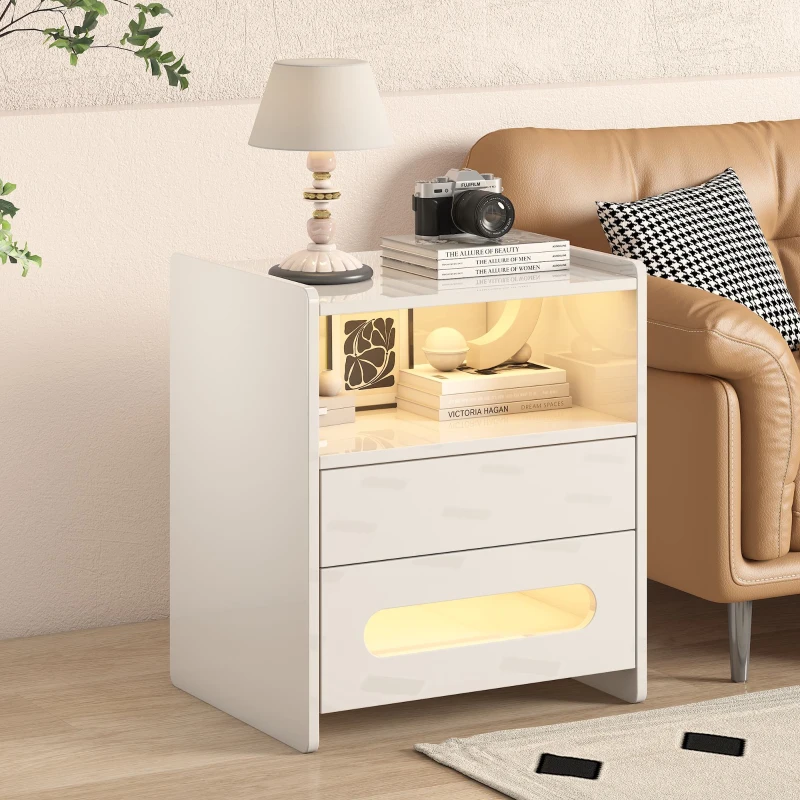 Comodino Moderno con Luci LED e 2 Cassetti, Tavolino da Notte per Camera da Letto, 50x40x58 cm, Bianco