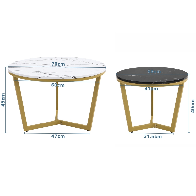 Set di Tavolini da Salotto Moderno Incastro in Stile Marmo con Struttura Metallica Dorata, Design Versatile, 70x70x45 cm + 50x50x40 cm, Bianco