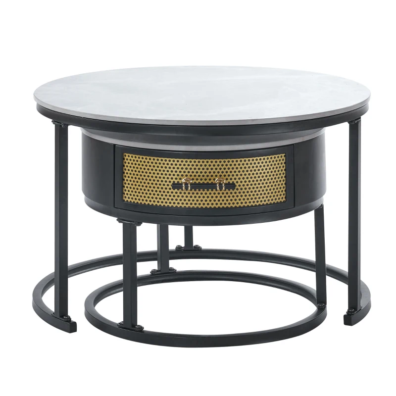 Set di Tavolini da Salotto Moderni, 2 Pezzi, con Piano in Marmo e Cassetti in Legno Massello, 70x70x45,5 cm + 50x50x40 cm, Nero + Grigio