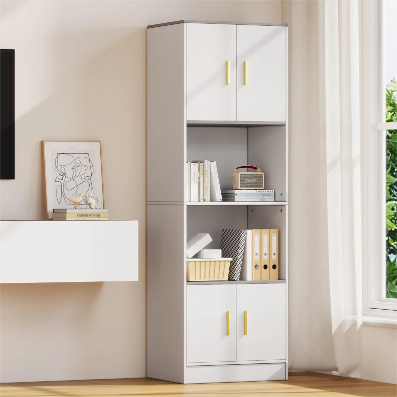 Comodă Modernă cu 4 Uși și Compartiment Deschis Central, Balamale Silențioase Soft-Close, pentru Bucătărie și Living, 60x40x180 cm, Alb