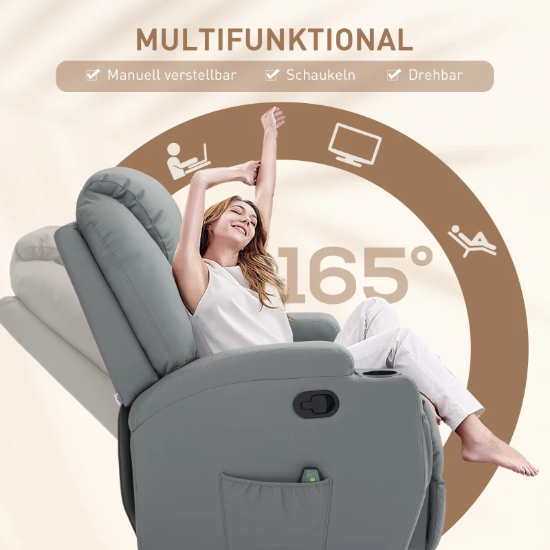 HOMCOM elektrisch Massagestoel, 8 vibratiepunten, bekerhouders, kunstleer, Lichtgrijs