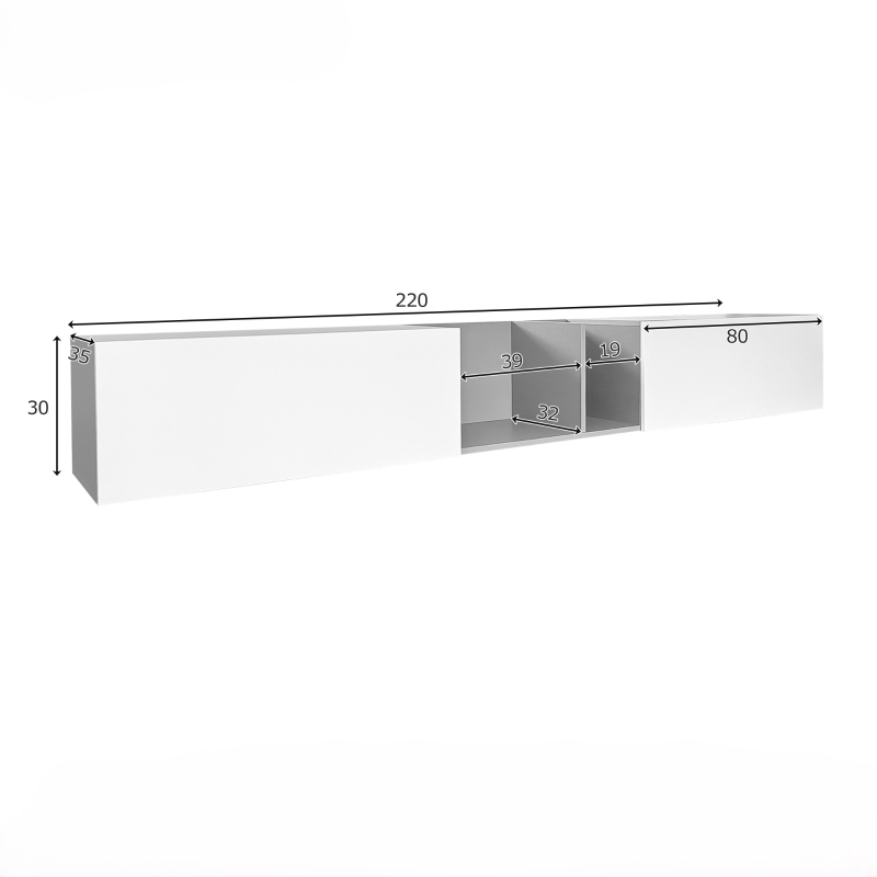 Mobiletto Porta TV Sospeso Extra-Large con 2 Ante e 2 Ripiani Aperti, Sistema Push-to-Open, Supporta TV fino a 90 Pollici, 220x35x30 cm, Bianco