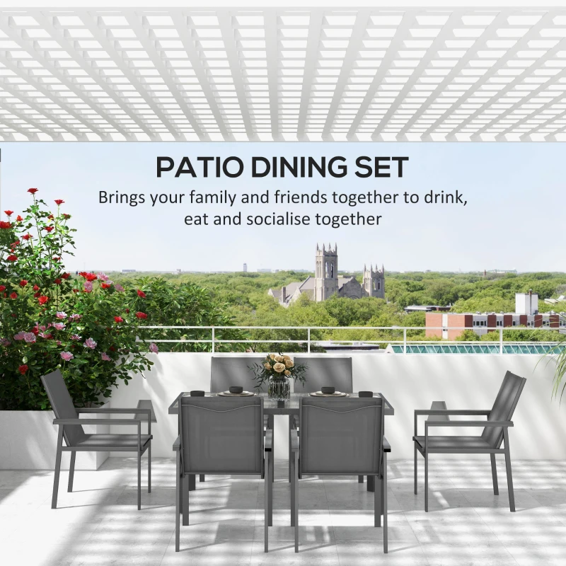Outsunny Seven-Piece Metal Dining Set, with Glass-Top Table - Grey