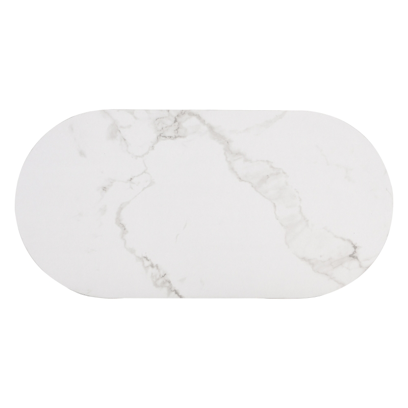 Tavolino da Salotto Moderno Ovale in Marmo con Struttura in Ferro Dorato, Dotato di Cassetti e Ripiani, Maniglie Dorate, 100x50x45 cm, Bianco