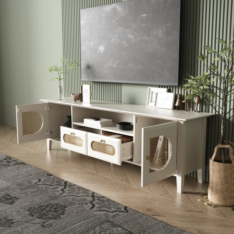 Mobiletto Porta TV in Rattan Curvato con Ante Dipinte e Scomparti Aperti, 160x38x50 cm, Bianco