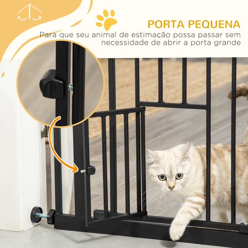PawHut Barreira de Segurança para Animais de Estimação 74-80cm com Porta com Fechamento Automático e Sistema de Duplo Bloqueio Altura 76,2cm Preto