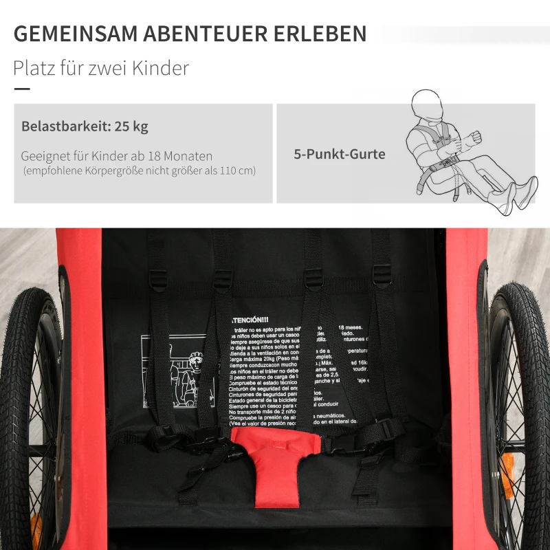 HOMCOM Kinderanhänger Jogger Fahrradanhänger mit Fahne Universalkupplung Fünfpunktegurt Rot 160 x 83 x 96cm