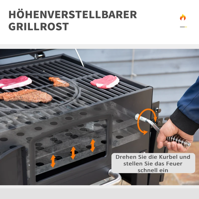 Outsunny Holzkohlegrill BBQ Gartengrill mit Deckel und Ablagen Metall Smoker BBQ Warmhalteplatte Regale Gartenparty Transportrollen Schwarz 124 x 66 x 112 cm