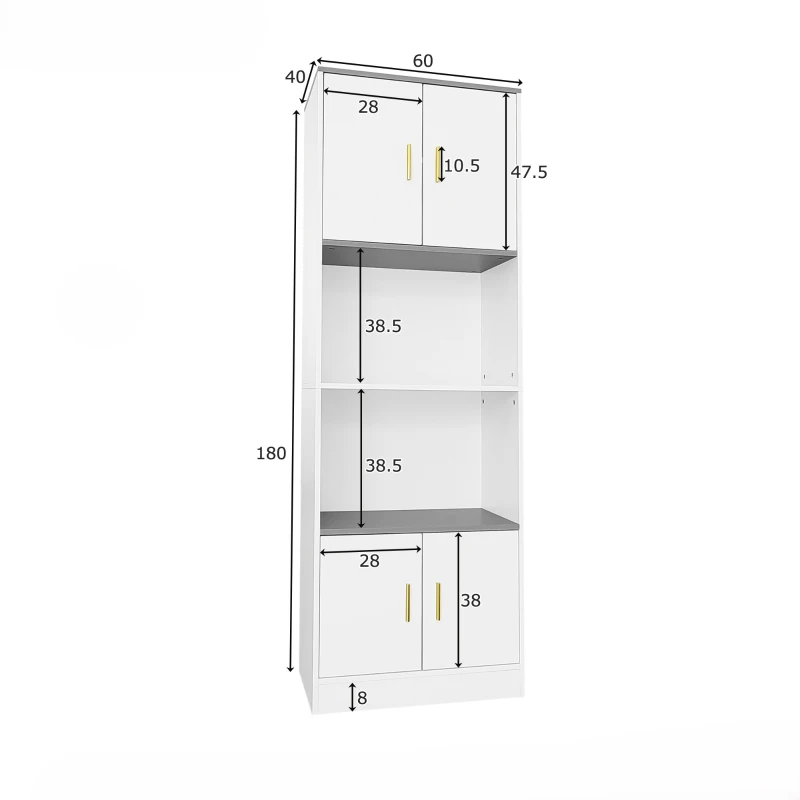 Comodă Modernă cu 4 Uși și Compartiment Deschis Central, Balamale Silențioase Soft-Close, pentru Bucătărie și Living, 60x40x180 cm, Alb