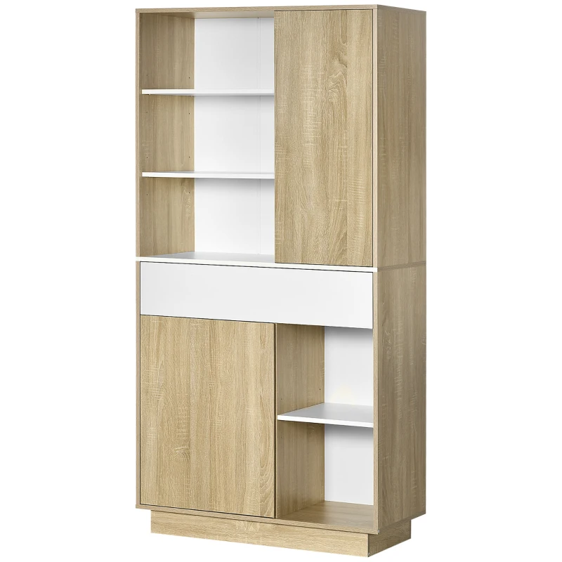 HOMCOM Küchenschrank, Buffetschrank, 3 versetzbare Einlegeböden, Schublade, Farbe: Weiß+Holz, 89 x 39,6 x 180 cm