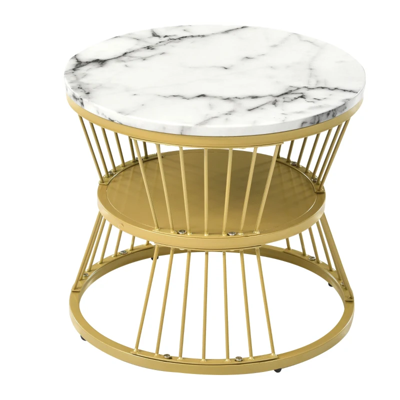 Set de 2 Măsuțe de Cafea Moderne, din MDF cu Finisaj Efect de Marmură și Structură Metalică Aurie, 70x70x47 cm și 45x45x40 cm, Alb