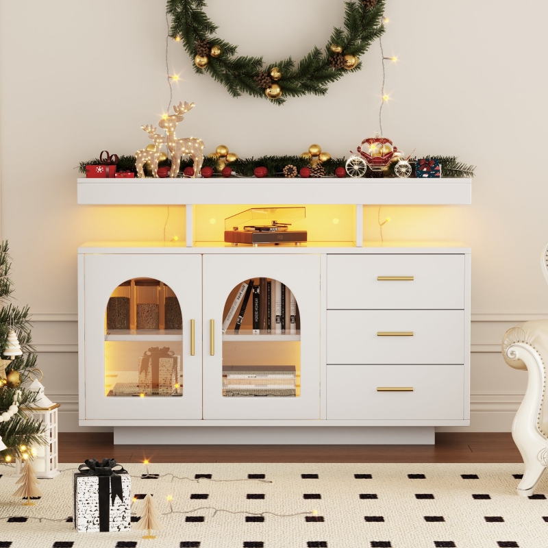 Lexiou Credenza Moderna Con Luci LED 160x40x77 Cm - Bianco Effetto Legno - 2 Ante, 4 Cassetti, Ripiano Vetro - Mobile TV O Soggiorno