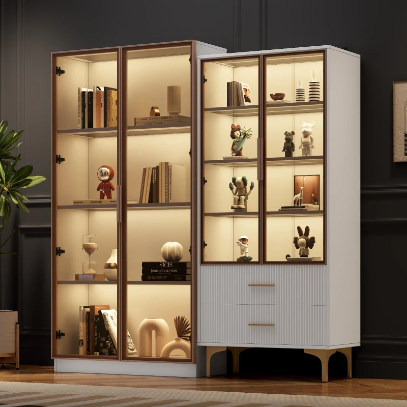 Vitrine de salon moderne avec éclairage LED et étagères réglables, verre, 80x40x160 cm + 70x35x150 cm - Buffet de salon moderne, Blanc(m-4)