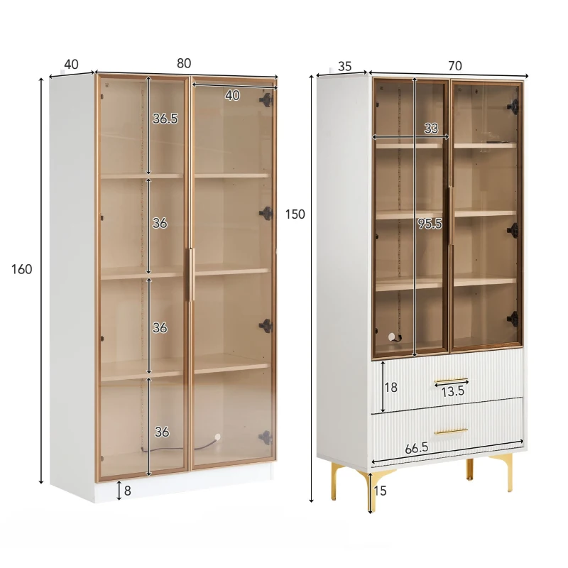 Set di Vetrine Moderne con Illuminazione LED e Ripiani Regolabili, adatte per soggiorno, ufficio, in Vetro, 80x40x160 cm + 70x35x150 cm, Bianco