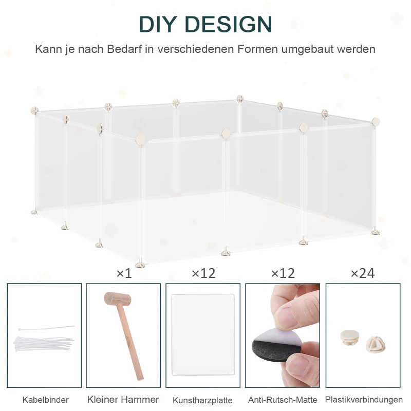 PawHut Freilaufgehege Laufgitter DIY Freigehege Gittergehege Absperrgitter Kleine Haustiere Laufstall für Innen 12 Platten Weiß Metall PP-Harz 105 x 105 x 45 cm
