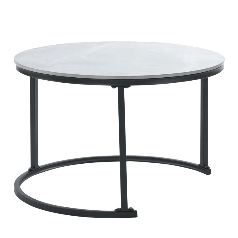 Set di Tavolini da Salotto Moderni, 2 Pezzi, con Piano in Marmo e Cassetti in Legno Massello, 70x70x45,5 cm + 50x50x40 cm, Nero + Grigio