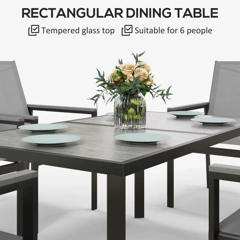 Outsunny Seven-Piece Metal Dining Set, with Glass-Top Table - Grey