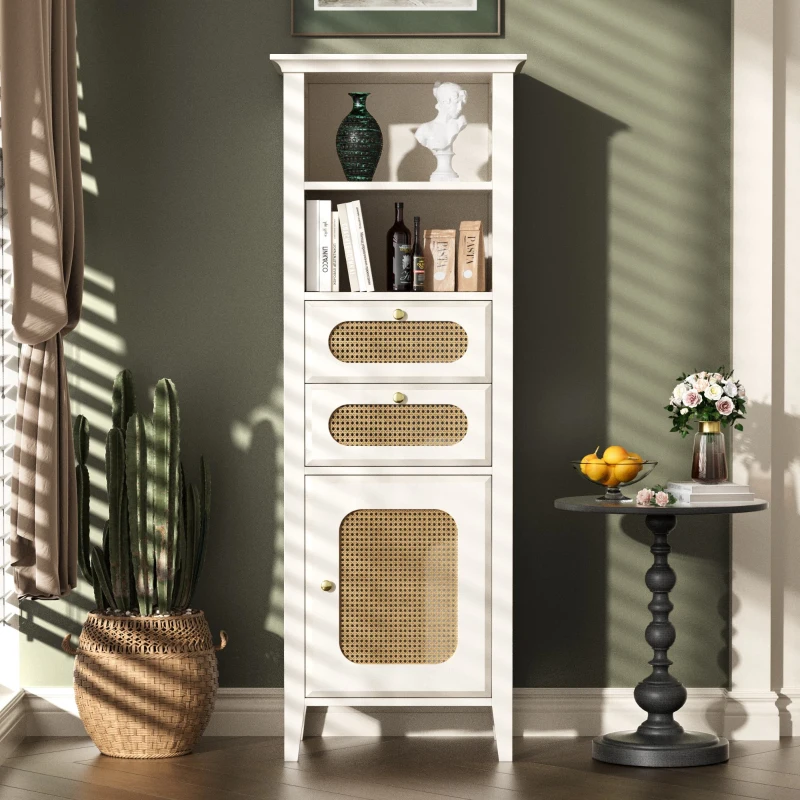 Credenza Moderna per Soggiorno con Rattan e Superficie Laccata, Funzionale e Elegante, 140,5x38x50 cm, Bianco