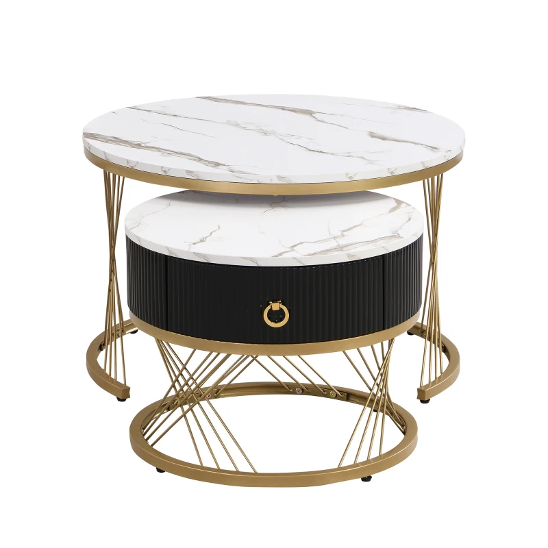 Set de 2 Măsuțe de Cafea Moderne Modulare din Marmură Sintetică cu Detalii Aurii și Sertare, Dimensiuni 70x70x45 cm și 50x50x40 cm, Alb