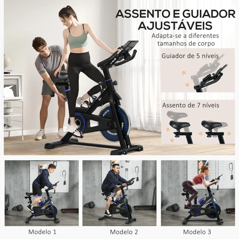 HOMCOM Bicicleta Estática com Volante de Inércia 8 kg Ecrã LCD Guiador e Assento Ajustáveis 103x53x110-114 cm Azul