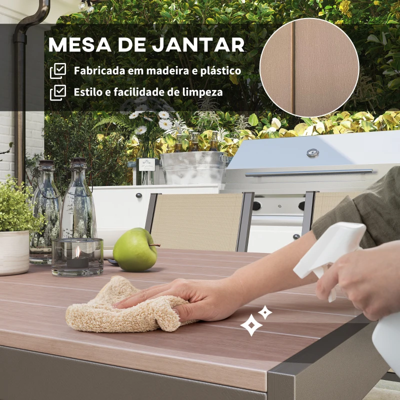 Outsunny Conjunto de Refeição de Exterior de 7 Peças Mesa e 6 Cadeiras de Jardim com Cadeiras Empilháveis e Estrutura de Aço Cáqui