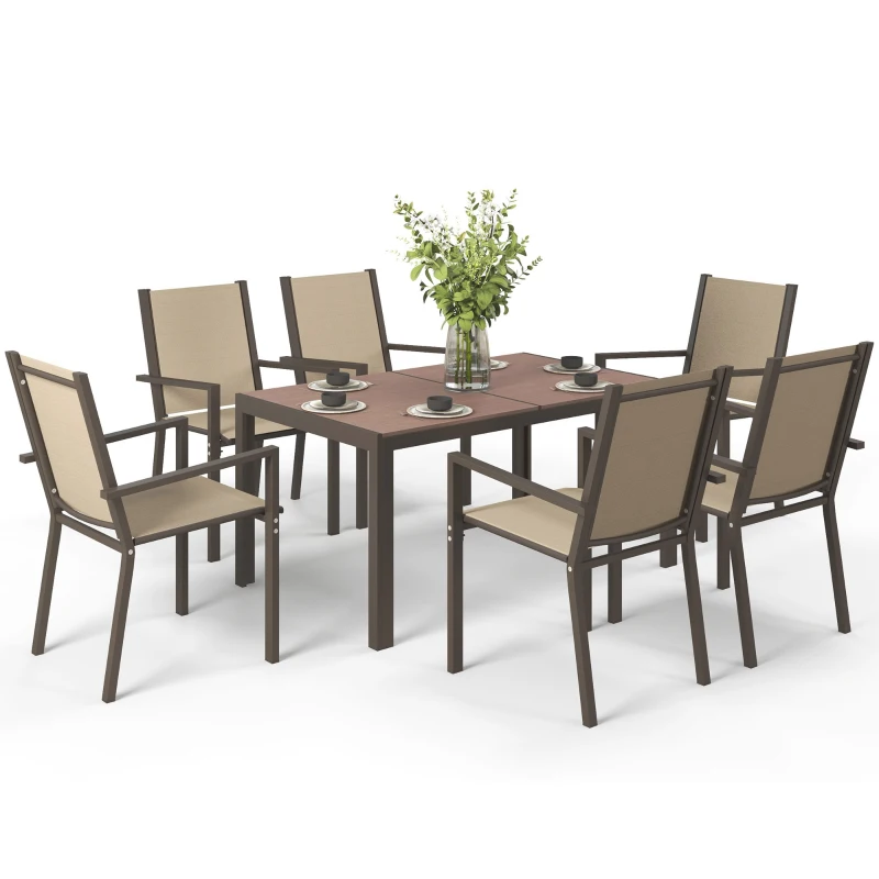 Outsunny Seven-Piece Garden Dining Set, with Plastic Wood-Top Table - Brown