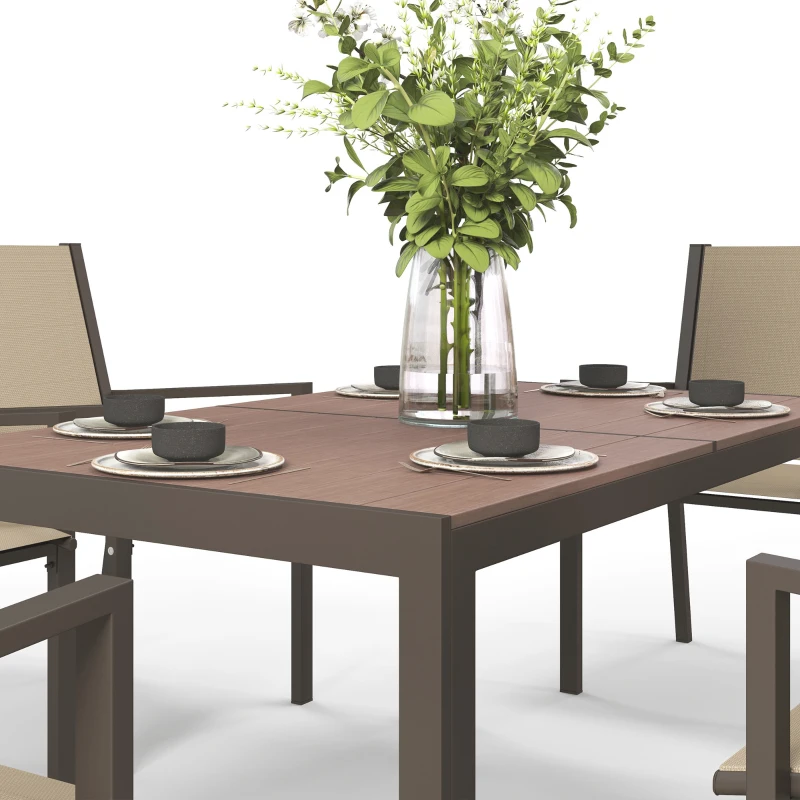 Outsunny Conjunto de Refeição de Exterior de 7 Peças Mesa e 6 Cadeiras de Jardim com Cadeiras Empilháveis e Estrutura de Aço Cáqui