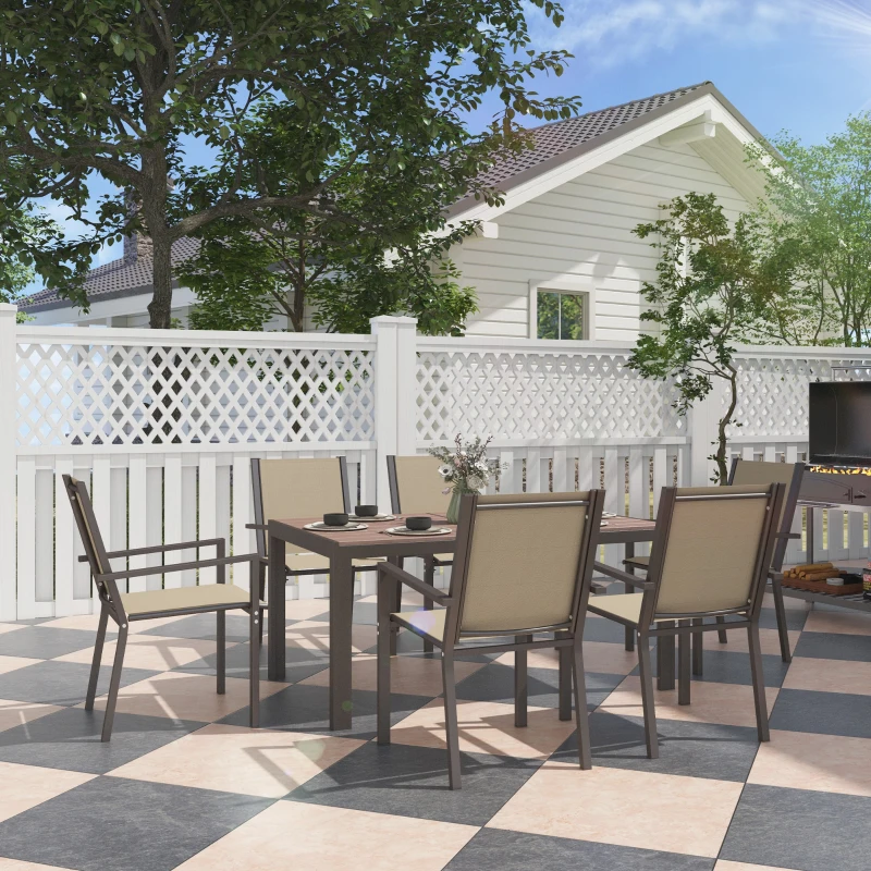 Outsunny Conjunto de Refeição de Exterior de 7 Peças Mesa e 6 Cadeiras de Jardim com Cadeiras Empilháveis e Estrutura de Aço Cáqui