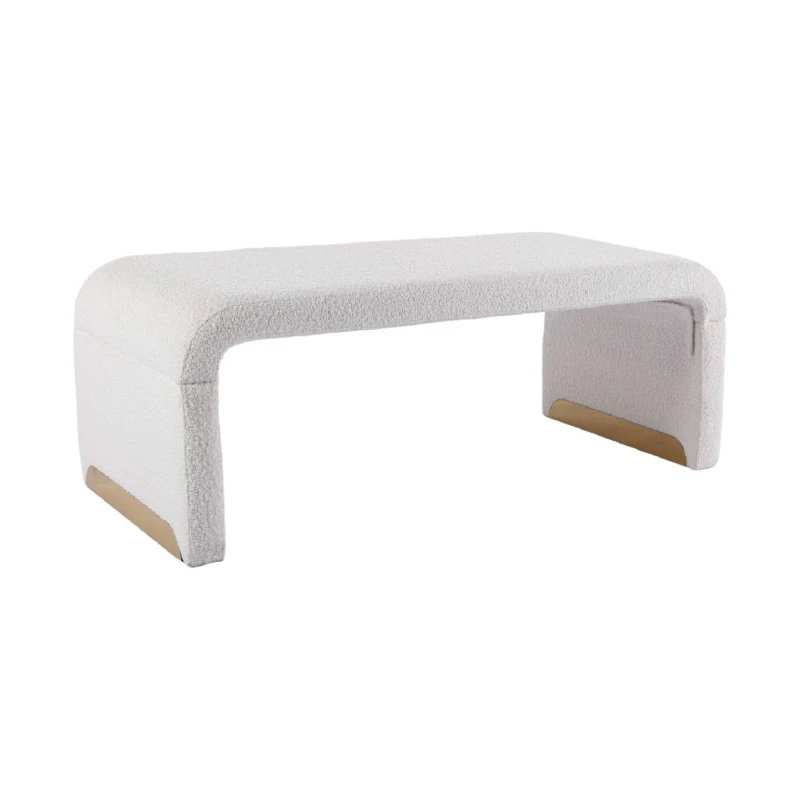 Boucle Fabric Foot Stool Pouffe with Gold Metal Legs, 110x50x41 cm, Ivory