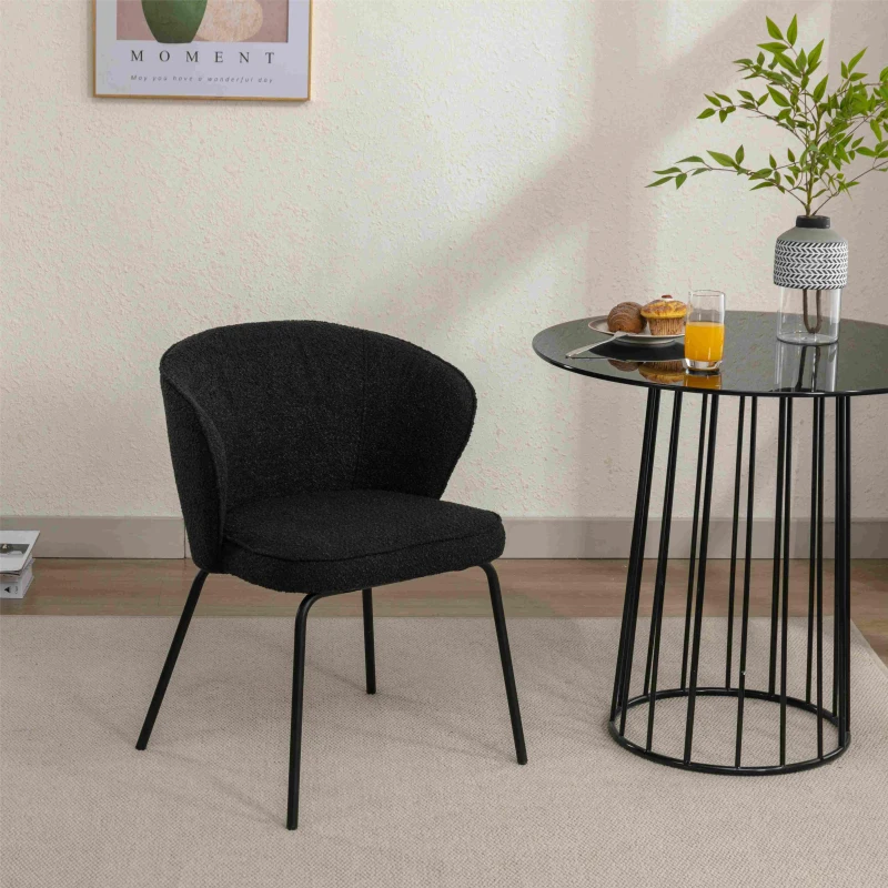 2 Pack Modern Boucle Chairs with Powder Coated Metal Legs, Black Dining Chairs with Wing Back, 62x63.5x75 cm, Black