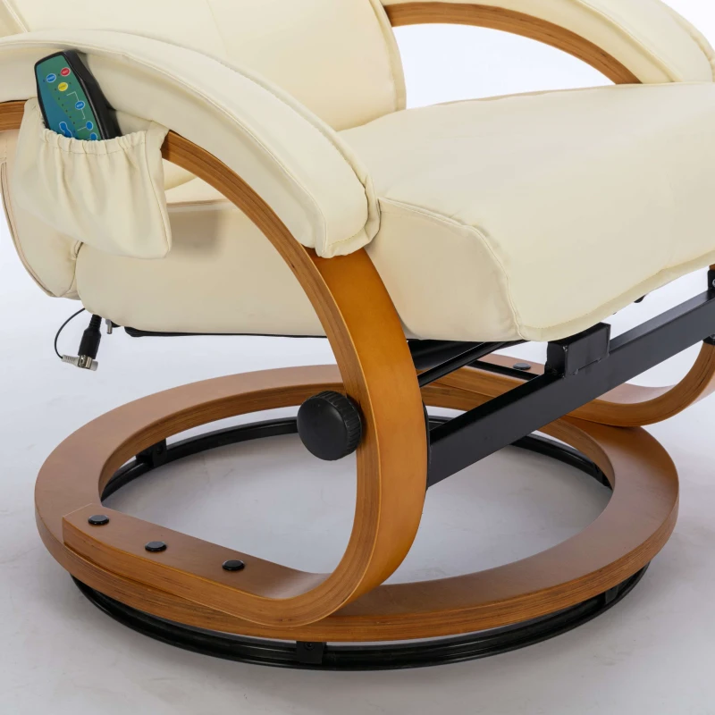 PU Leather Electric Recliner Armchair with 5 Point Massage, Ottoman Footstool, Bentwood Base, 85x67x103 cm, Beige